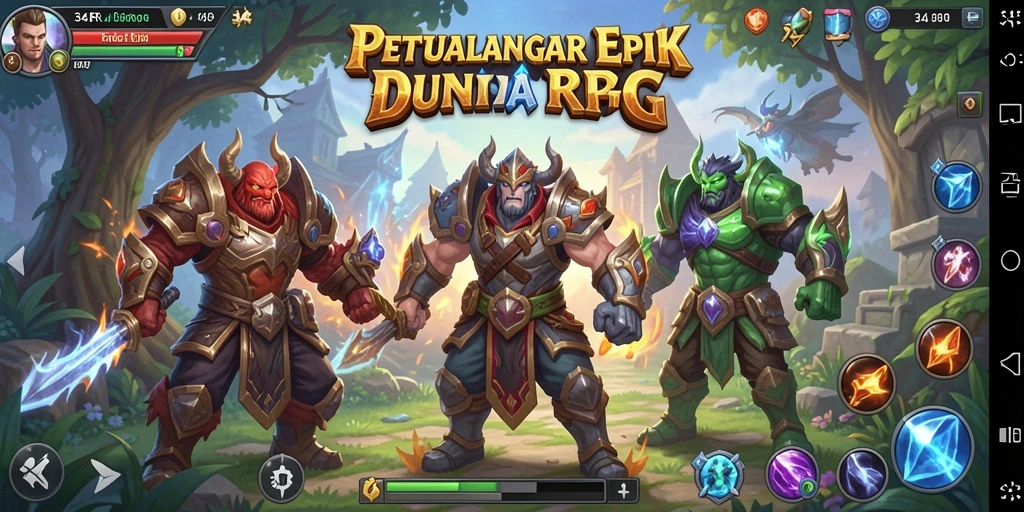 Screenshot utama menunjukkan petualangan seru di dalam game RPG.