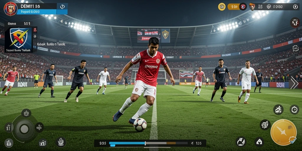Tampilan gameplay DEMI11 yang seru dan menegangkan dalam pertandingan sepak bola.