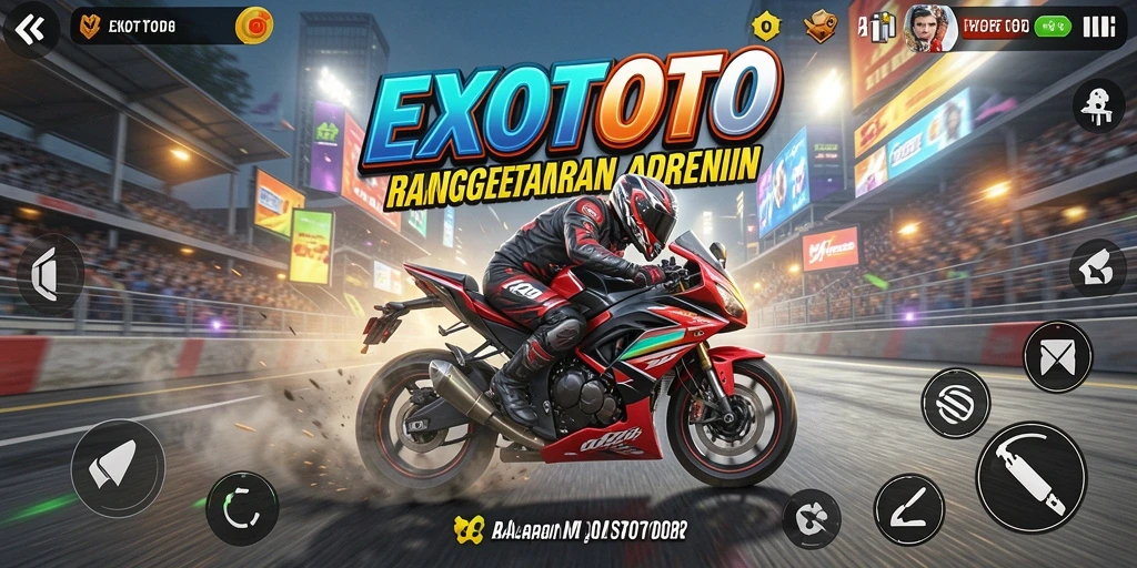 Screenshot gameplay EXOTOTO menampilkan aksi balapan motor yang mendebarkan.