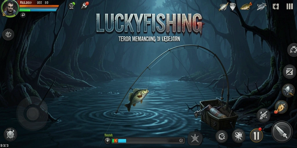 Screenshot seram dari gameplay LUCKYFISHING di kegelapan.